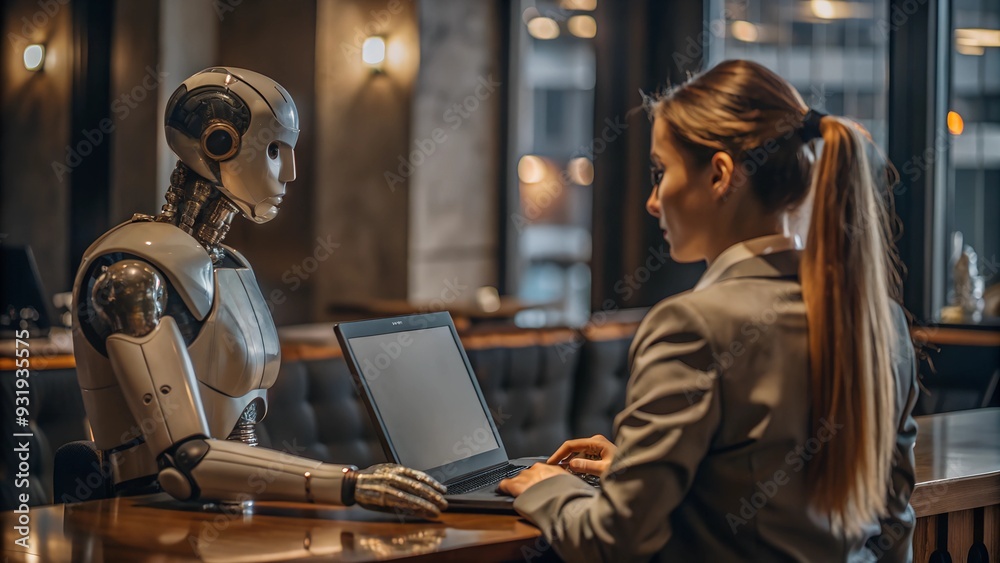 Back view of a human and a sleek humanoid robot, both working on laptops at a desk, tech-focused scene Back view of a human and a sleek humanoid robot, both working on laptops at a desk, tech-focused scene