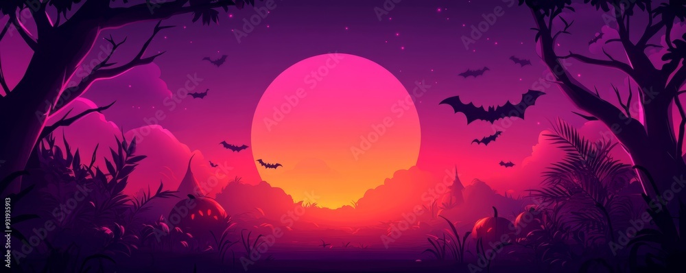 A vibrant Halloween sunset with purple hues, silhouetted bats, and eerie trees, perfect for spooky seasonal themes. A vibrant Halloween sunset with purple hues, silhouetted bats, and eerie trees, perfect for spooky seasonal themes.