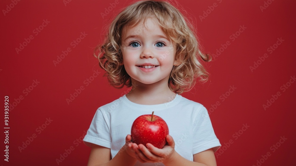 Portrait of smiling cherubic blue-eyed little girl with short curly fair hair wearing white T-shirt, holding red apple, standing on red background. Studio. Healthy food, vitamins, childhood, summer. Portrait of smiling cherubic blue-eyed little girl with short curly fair hair wearing white T-shirt, holding red apple, standing on red background. Studio. Healthy food, vitamins, childhood, summer.