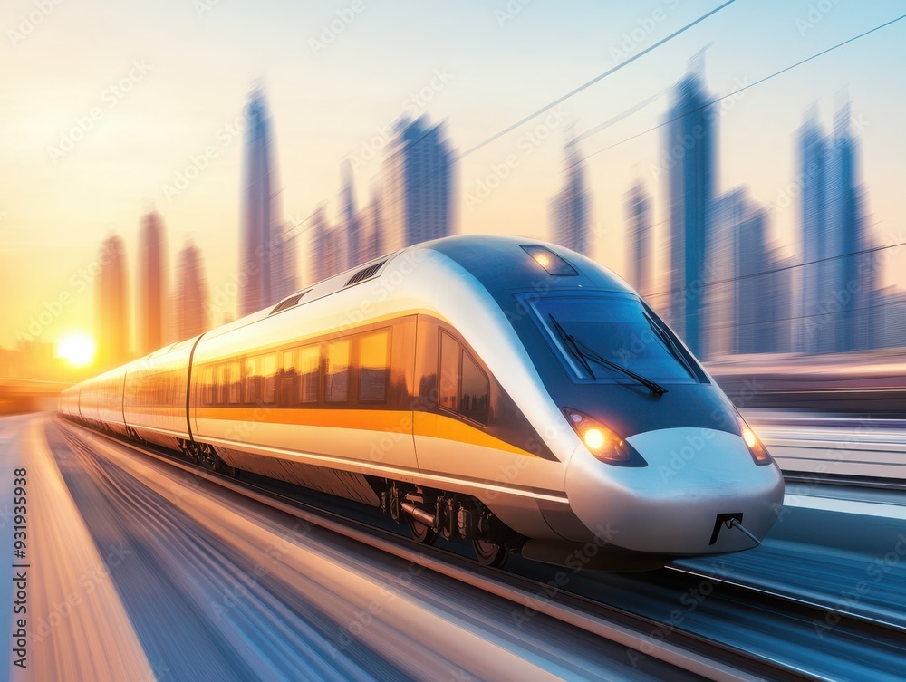 A sleek high-speed train racing through a city at sunset, showcasing modern transportation and vibrant urban landscapes. A sleek high-speed train racing through a city at sunset, showcasing modern transportation and vibrant urban landscapes.