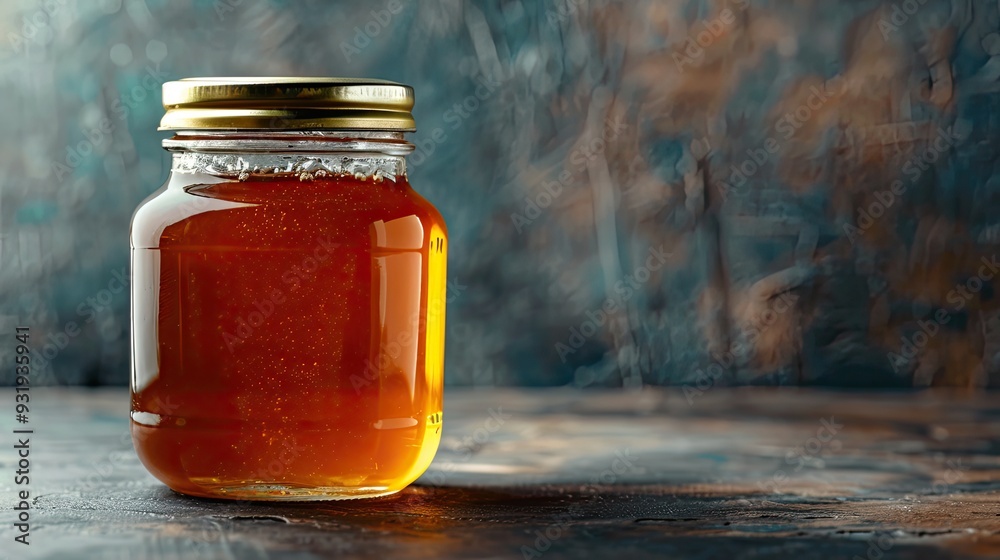 A Glass Jar Of Organic Honey With A Tin Lid A Glass Jar Of Organic Honey With A Tin Lid
