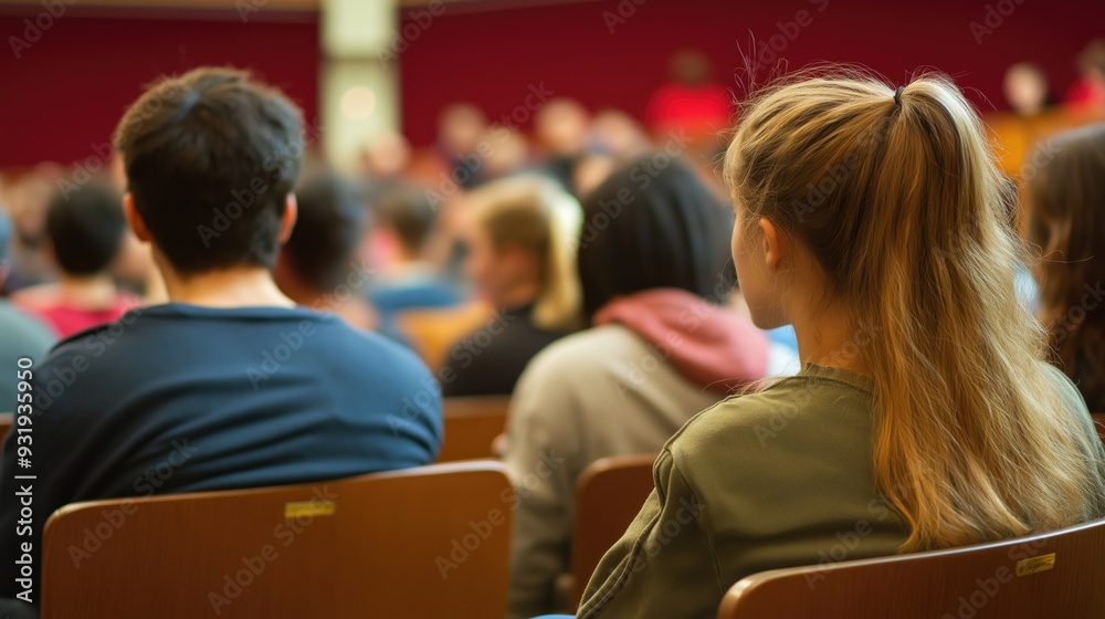 Backview on students sitting in university or college audience listening to the professor during conference presentation and training seminar meeting Backview on students sitting in university or college audience listening to the professor during conference presentation and training seminar meeting