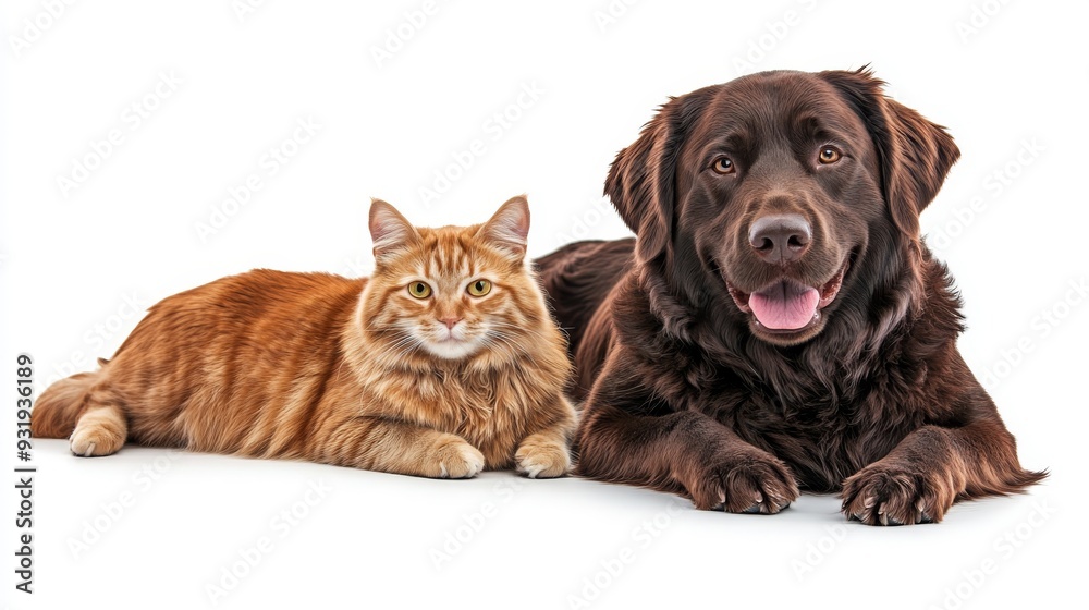 A cat and puppy, retriever dog and orange cat are playing together on a transparent background, isolated on a white background A cat and puppy, retriever dog and orange cat are playing together on a transparent background, isolated on a white background