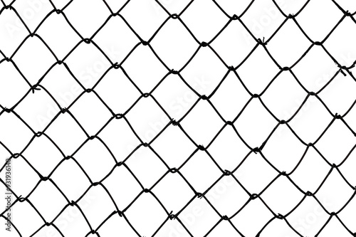 The texture of the metal mesh. Torn, destroyed, broken metal mesh on a white background photo