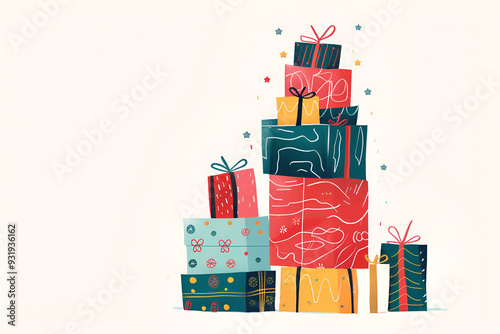 Tower of colorful wrapped gifts with bows and stars on a light background