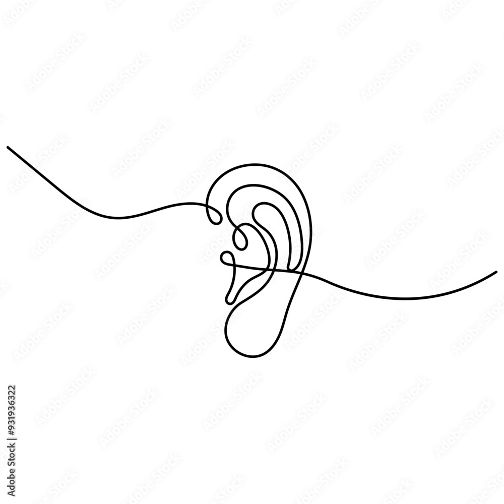 Fototapeta premium Ear single line art, continuous one line drawing of Isolated outline vector art 