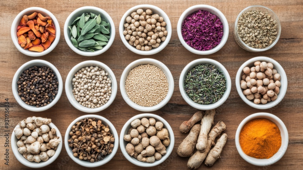 A vibrant display of various spices and herbs in small bowls on a wooden surface, perfect for cooking and culinary inspiration. A vibrant display of various spices and herbs in small bowls on a wooden surface, perfect for cooking and culinary inspiration.