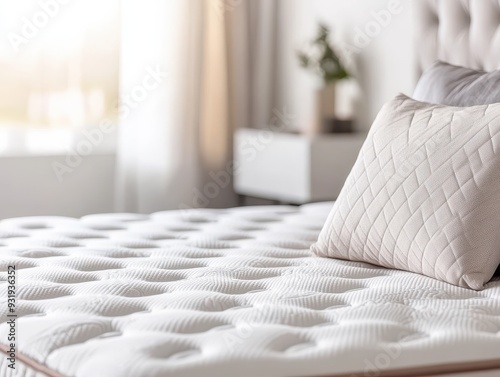 Luxurious mattress with quilted design and soft pillow, set in a bright, modern bedroom inviting comfort and relaxation.