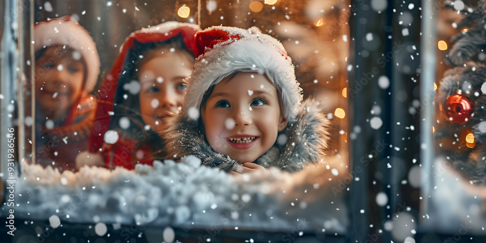 Kids in winter clothes smiling through a frosted window with Christmas decorations