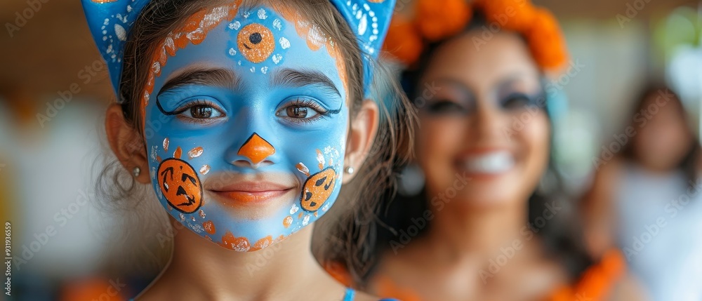 Colorful celebration featuring a girl with intricate face paint and joyful expressions, capturing the essence of traditional festivities. Colorful celebration featuring a girl with intricate face paint and joyful expressions, capturing the essence of traditional festivities.