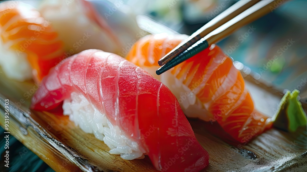 Selection of sushi plate with chopsticks Focus on the tuna Selection of sushi plate with chopsticks Focus on the tuna