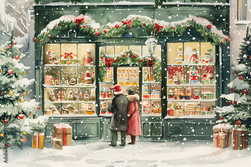 Festive Christmas shop window with holiday decorations and snow-covered garlands
