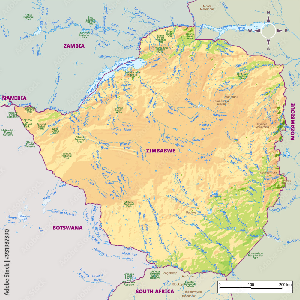 Obraz premium Detailed physical map of Zimbabwe