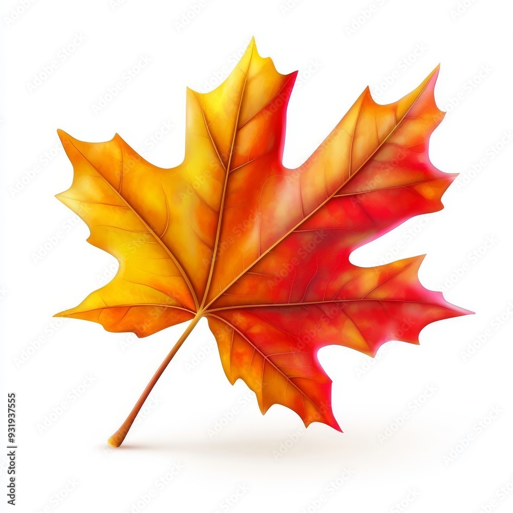 A maple leaf isolated on a white background with multicolored fallen leaves.