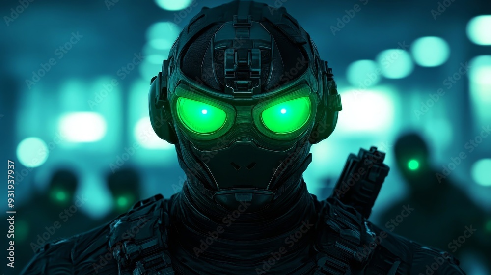 A futuristic soldier with glowing green eyes in a dark, high-tech environment, showcasing advanced military technology and stealth. A futuristic soldier with glowing green eyes in a dark, high-tech environment, showcasing advanced military technology and stealth.