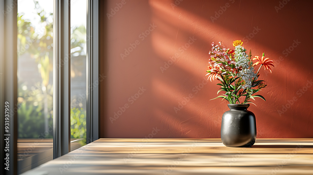 A black vase filled with colorful flowers sits on a wooden table against a red wall, bathed in warm sunlight. A black vase filled with colorful flowers sits on a wooden table against a red wall, bathed in warm sunlight.