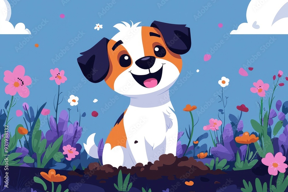 Happy Dog in a Flower Garden Happy Dog in a Flower Garden