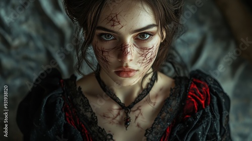 A haunting portrait of a woman with a dramatic expression, featuring unique makeup and an elegant black dress.