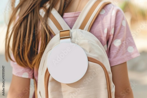 Child Wearing Backpack with Blank Circular Badge Outdoors photo