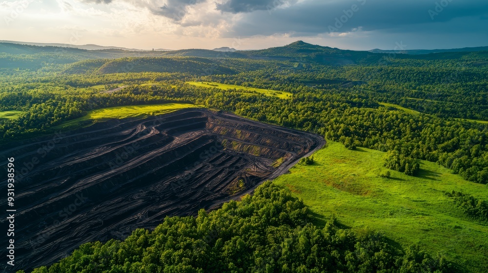 Fototapeta premium Aerial perspective of an open pit mine, emphasizing the orderly, symmetrical layers and the impact on the natural landscape