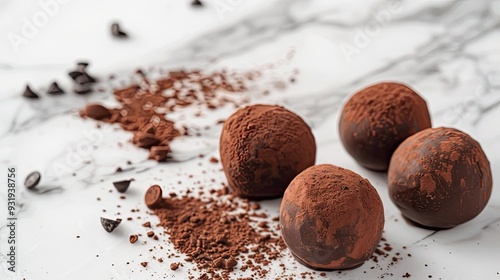 Indulge in the exquisite beauty of these homemade luxury dark chocolate truffles delicately arranged on a sophisticated marble surface The rich velvety texture of the dark chocolate truffles photo