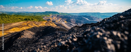 Bird's-eye view of an expansive open pit mine, highlighting the geometric symmetry of the mining levels set against the surrounding terrain