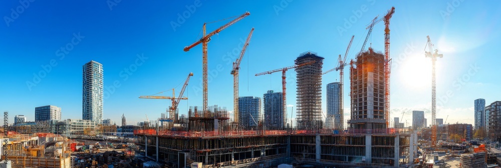 Fototapeta premium A vibrant cityscape showcasing construction cranes interspersed among towering skyscrapers