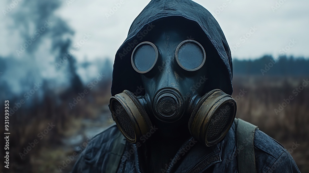 A man wearing a gas mask. Dieselpunk soldier wearing a gas mask with polluted air background. A stalker face in gas mask. Danger zone. copy space for text. A man wearing a gas mask. Dieselpunk soldier wearing a gas mask with polluted air background. A stalker face in gas mask. Danger zone. copy space for text.