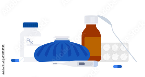 Medication - pill, capsule, ice pack, syrup, pain killers. Medicine and Health care concept. Treatment, drugstore, prescription, drugs. Simplicity flat vector illustration, still life, isolated