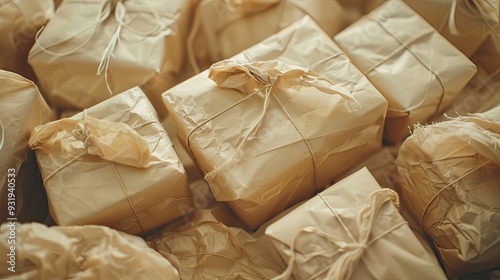 Beige crumpled packaging paper unwrapping from center ragged paper Unpacking and bursting from the center Presents for holidays Sustainable resource eco friendly Overlay copy space top view photo