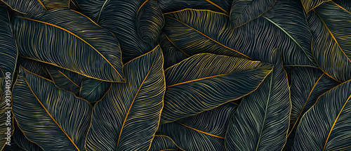 Tropical leaf Wallpaper, Luxury nature leaves pattern design, Golden banana leaf line arts, Hand drawn outline design for fabric , print, cover, banner and invitation