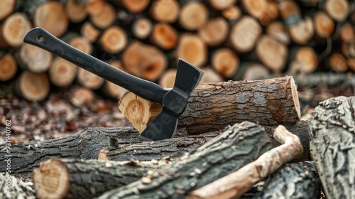 Axe with black handle on the pile of cut wood chops photo