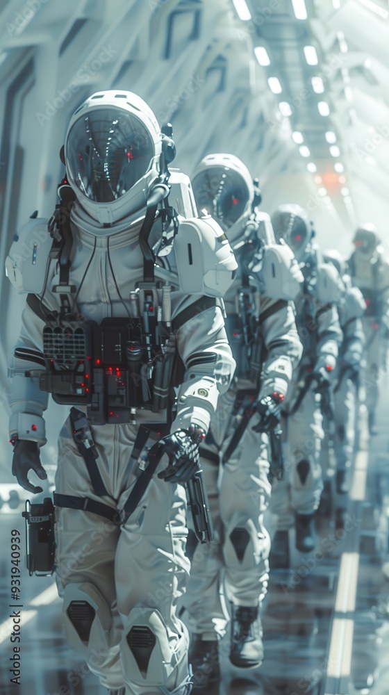 Soldiers equipped with advanced technology advance through a sleek, modern metropolis