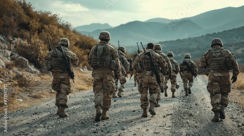 Soldiers Marching Through Mountainous Terrain
