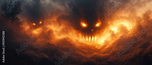 Eerie Halloween Night Surreal Abstract Background with Swirling Mists and Glowing Eyes