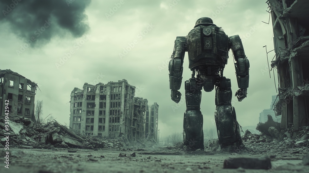 A huge robot against the backdrop of the ruins of a destroyed city A huge robot against the backdrop of the ruins of a destroyed city