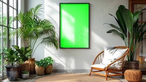4K Animation of Green Screen Mockup Frame in Modern Living Room