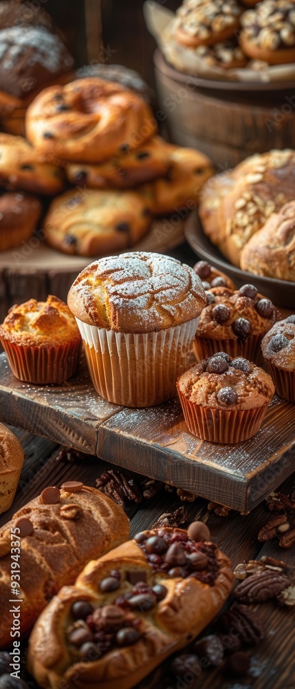 Selection of baked goods on a wooden table, including muffins, bread, and cookies, detailed textures, cozy natural light, eyelevel perspective, inviting display Selection of baked goods on a wooden table, including muffins, bread, and cookies, detailed textures, cozy natural light, eyelevel perspective, inviting display
