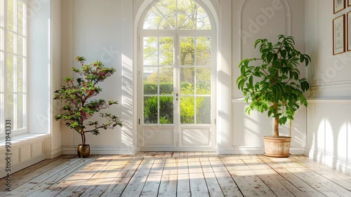4K Video of Spacious Room with Tall Windows, White Walls, Wooden Floor, Minimalist Interiors, and Plants