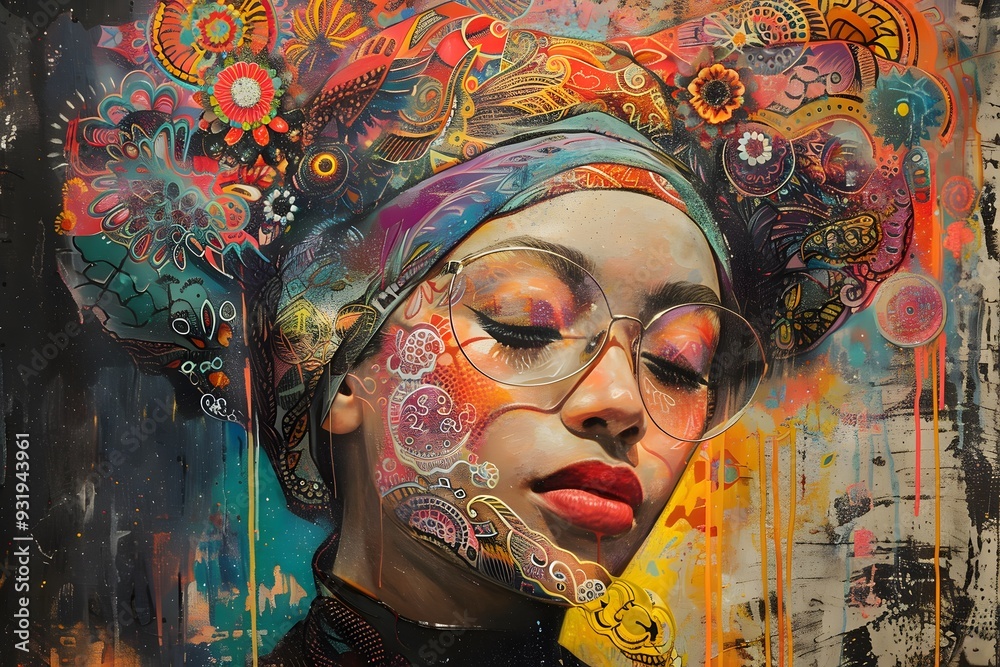 Vibrant Portrait of a Woman with Artistic Headwrap and Colorful Patterns Vibrant Portrait of a Woman with Artistic Headwrap and Colorful Patterns