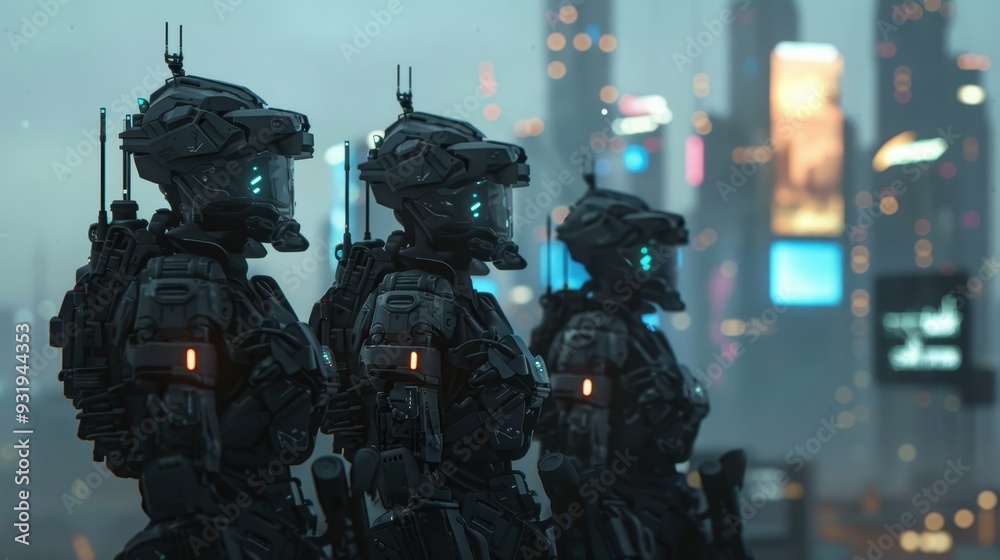 Military robots are positioned in a futuristic urban environment, prepared for action at dusk Military robots are positioned in a futuristic urban environment, prepared for action at dusk
