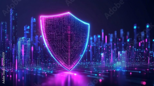 Digital defense shield, glowing circuit patterns, hovering in a futuristic city, neon colors, cybersecurity concept