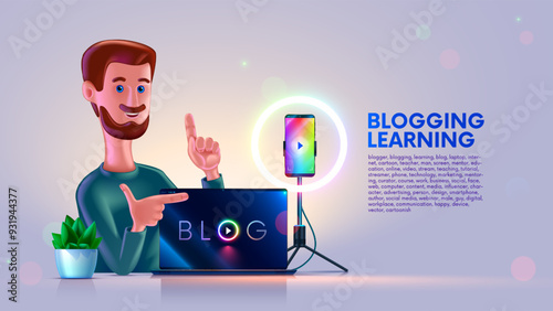 Cartoon teacher man show screen laptop. blogger mentor education blogging online. Learning blog. Video blogger on stream. Blogger teaching makes video Tutorial in internet. Streamer with laptop, phone