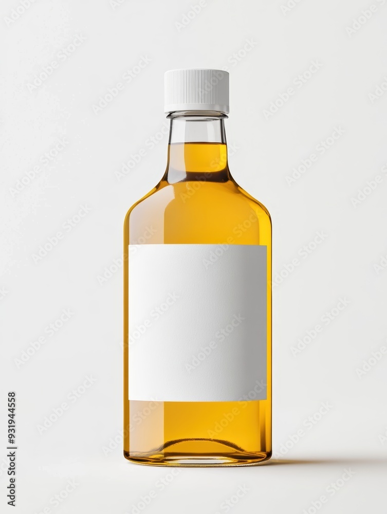 Amber-colored glass bottle with blank white label and white cap, ideal for branding mockups or product packaging in a minimalist style. Amber-colored glass bottle with blank white label and white cap, ideal for branding mockups or product packaging in a minimalist style.