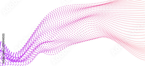Abstract dot wave line with moving particles on white background . Digital cyberspace, Big data analytics, 3d rendering, machine learning, and predictive analytics.