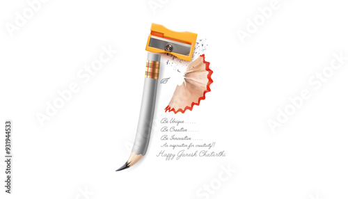 Concept of Ganesh Chaturthi festival. Lord Ganesha made with pencil, sharpener and waste materials on white background.