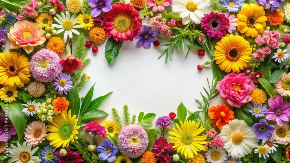 Isolated botanical frame background with various colorful flowers and green leaves, botanical, frame, background, horizontal Isolated botanical frame background with various colorful flowers and green leaves, botanical, frame, background, horizontal