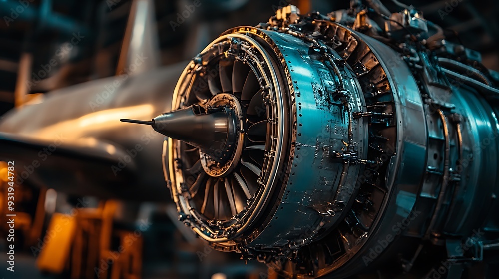 Fototapeta premium Close-up of a Jet Engine with Blurred Airplane in Background