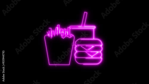 fast food and drink animation with black background,french fries and cheeseburger on Fast food studio shoot video	 photo