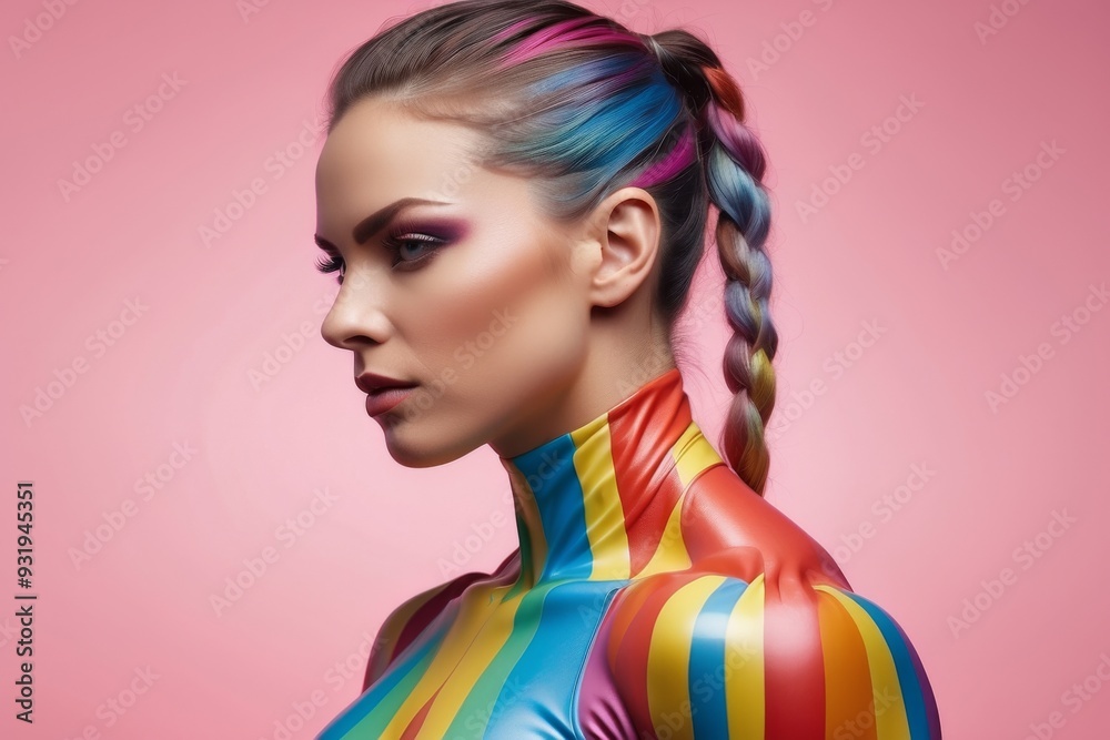 A woman with colorful makeup and attire